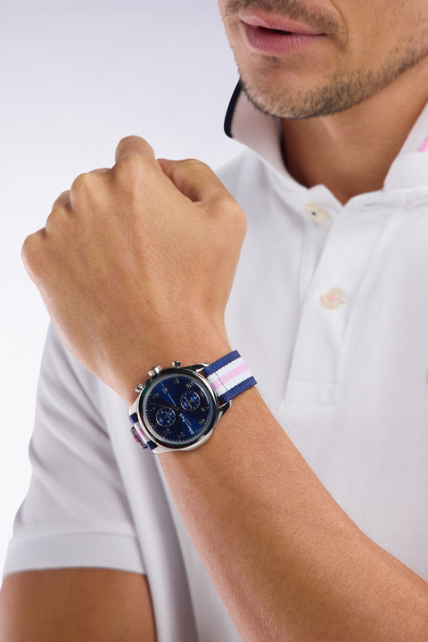 Quartz chronograph watch blue background tricolor striped NATO strap - Image 2