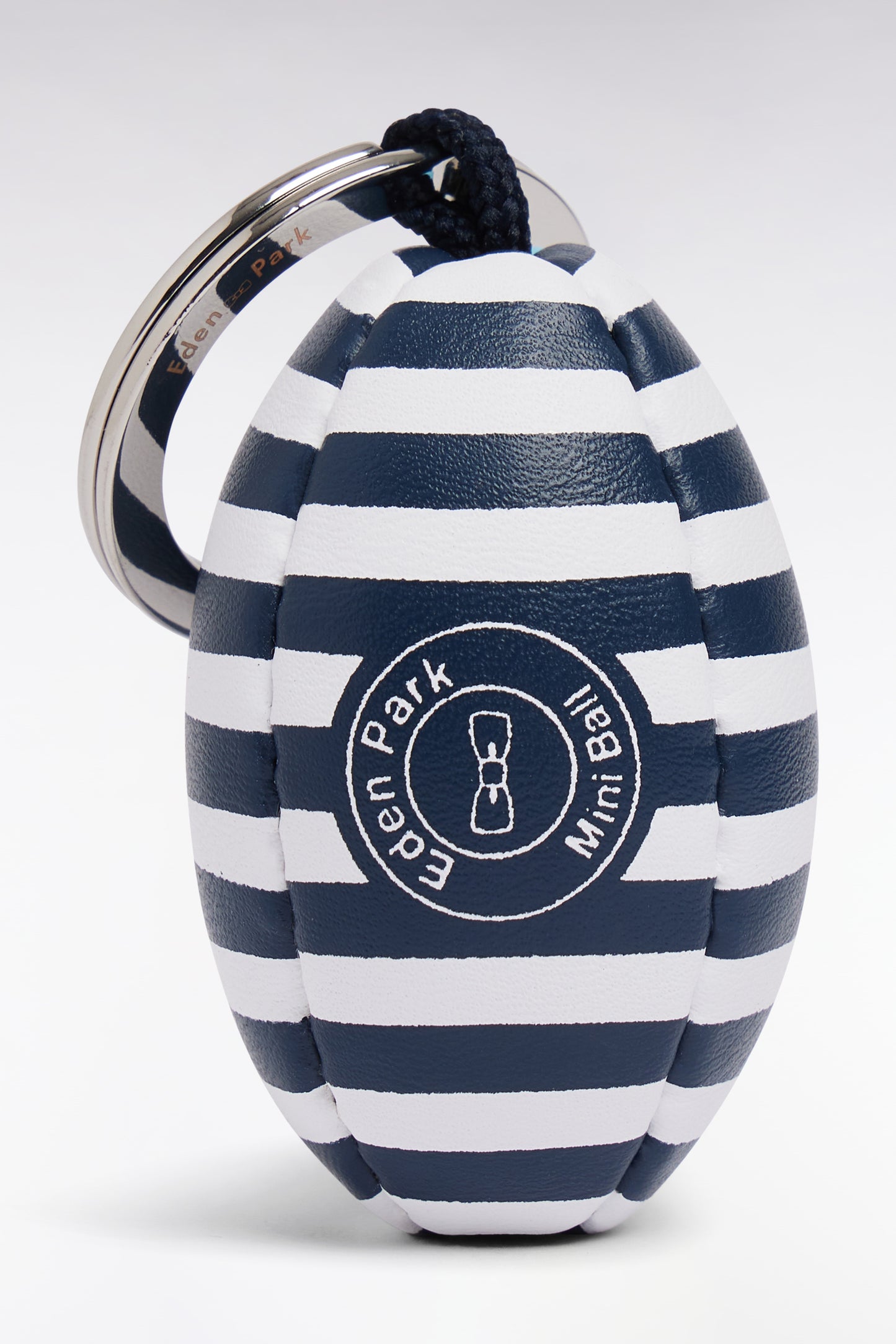 Navy and sky blue striped rugby ball keyring
