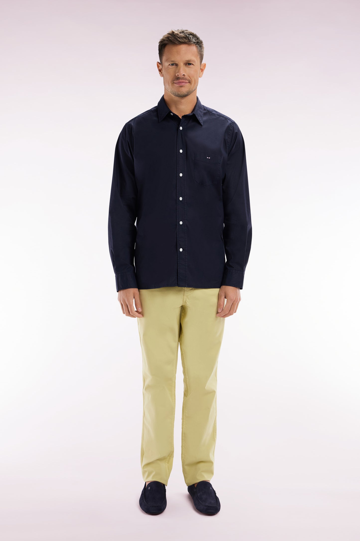 Ivory straight-cut stretch cotton pleat-free chinos