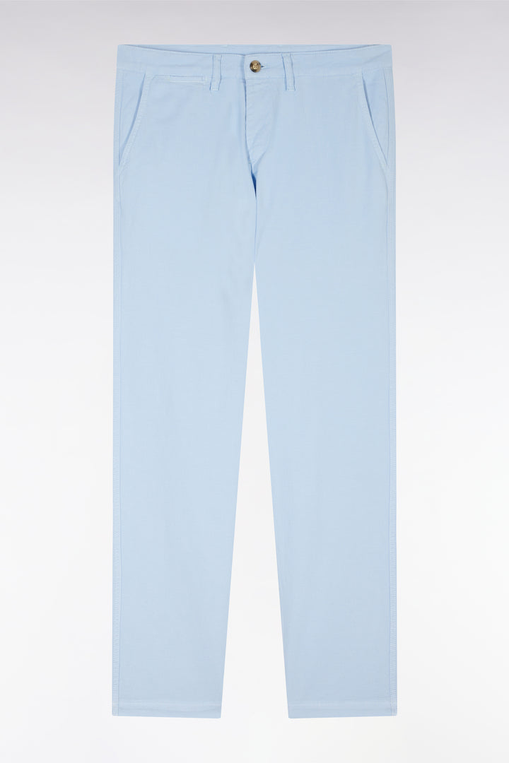 Pantalon chino sans pli en coton et lin stretch bleu ciel coupe droite