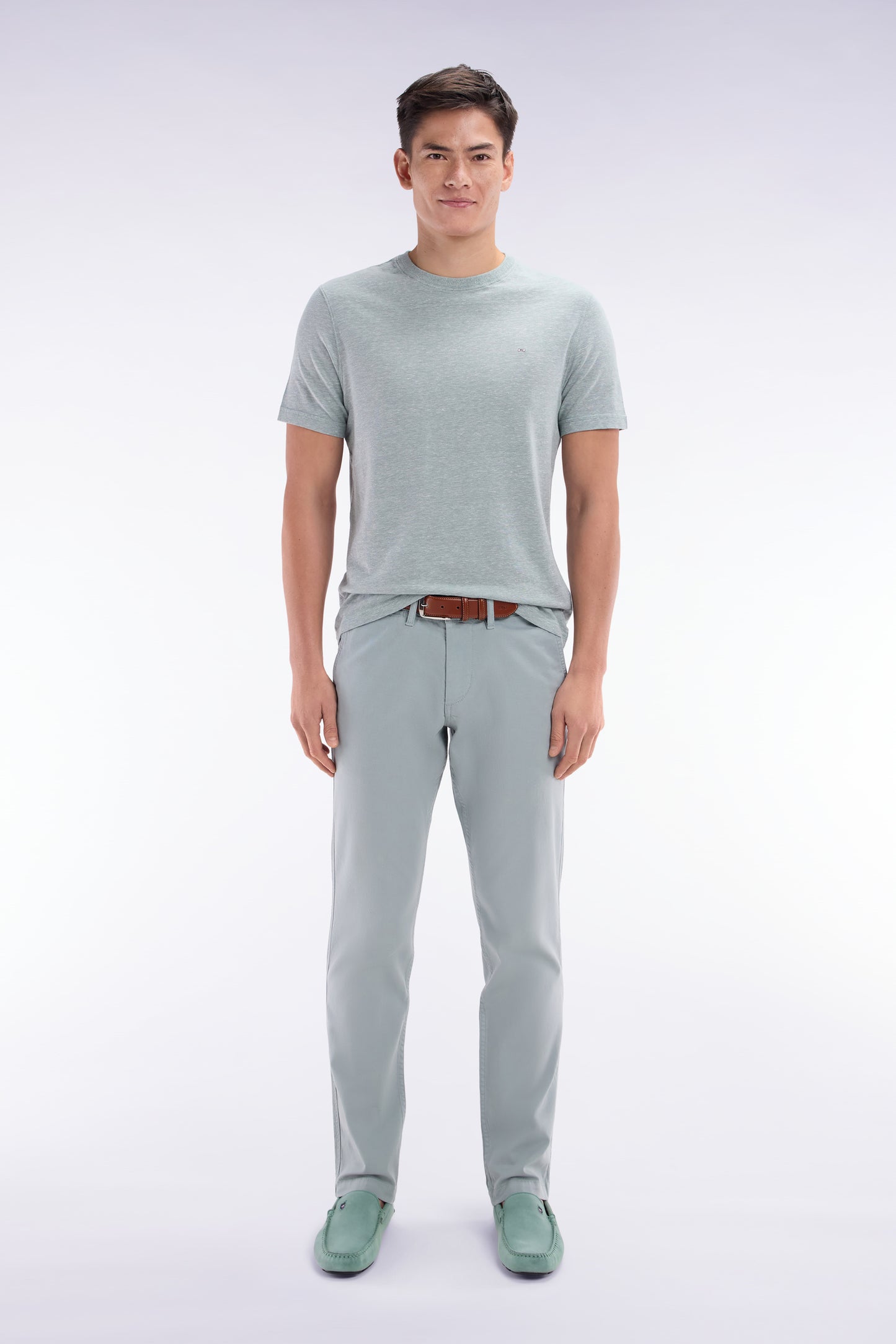Straight-cut medium grey stretch cotton and linen pleat-free chinos