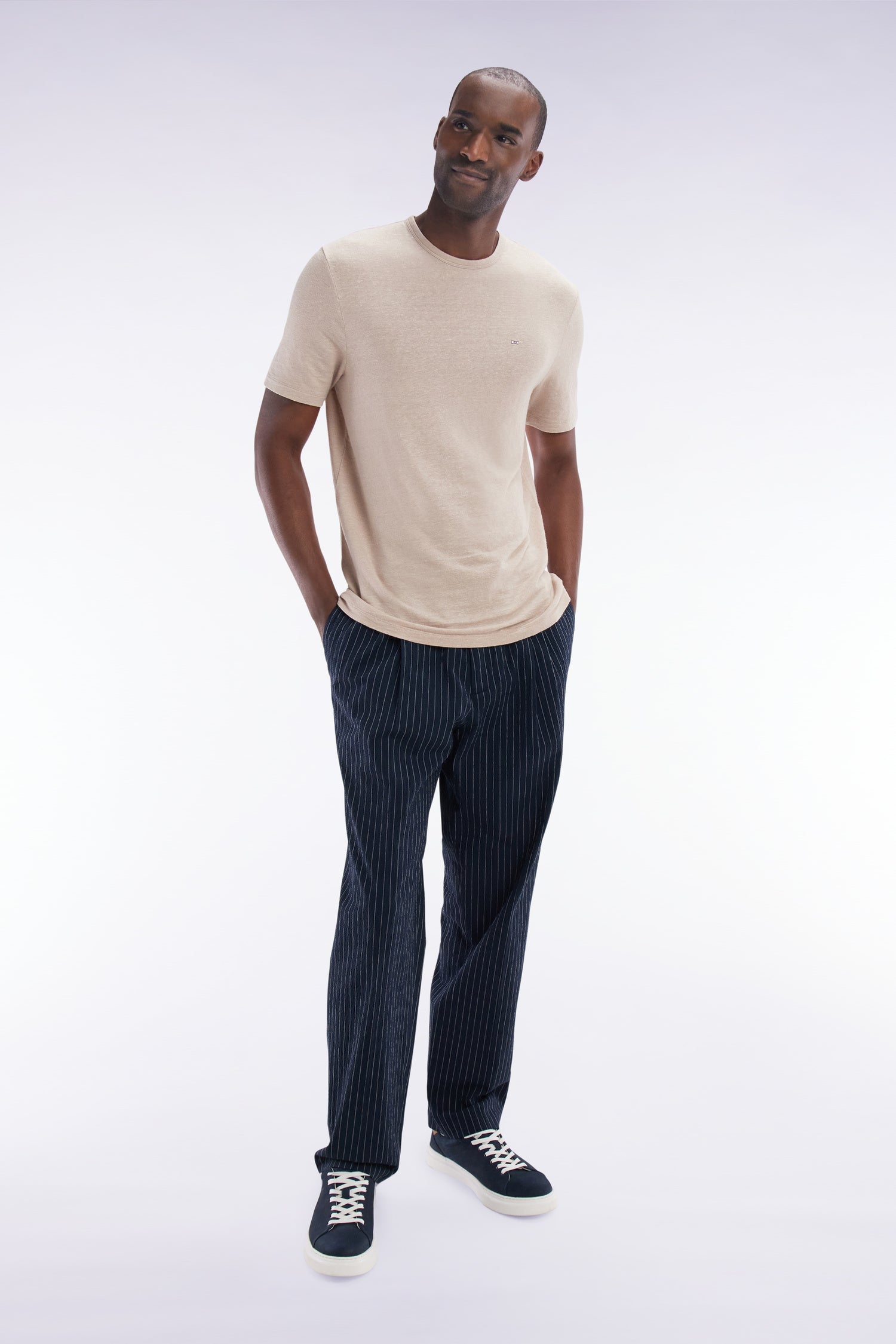 Pantalon seersucker en coton stretch marine à rayure tennis