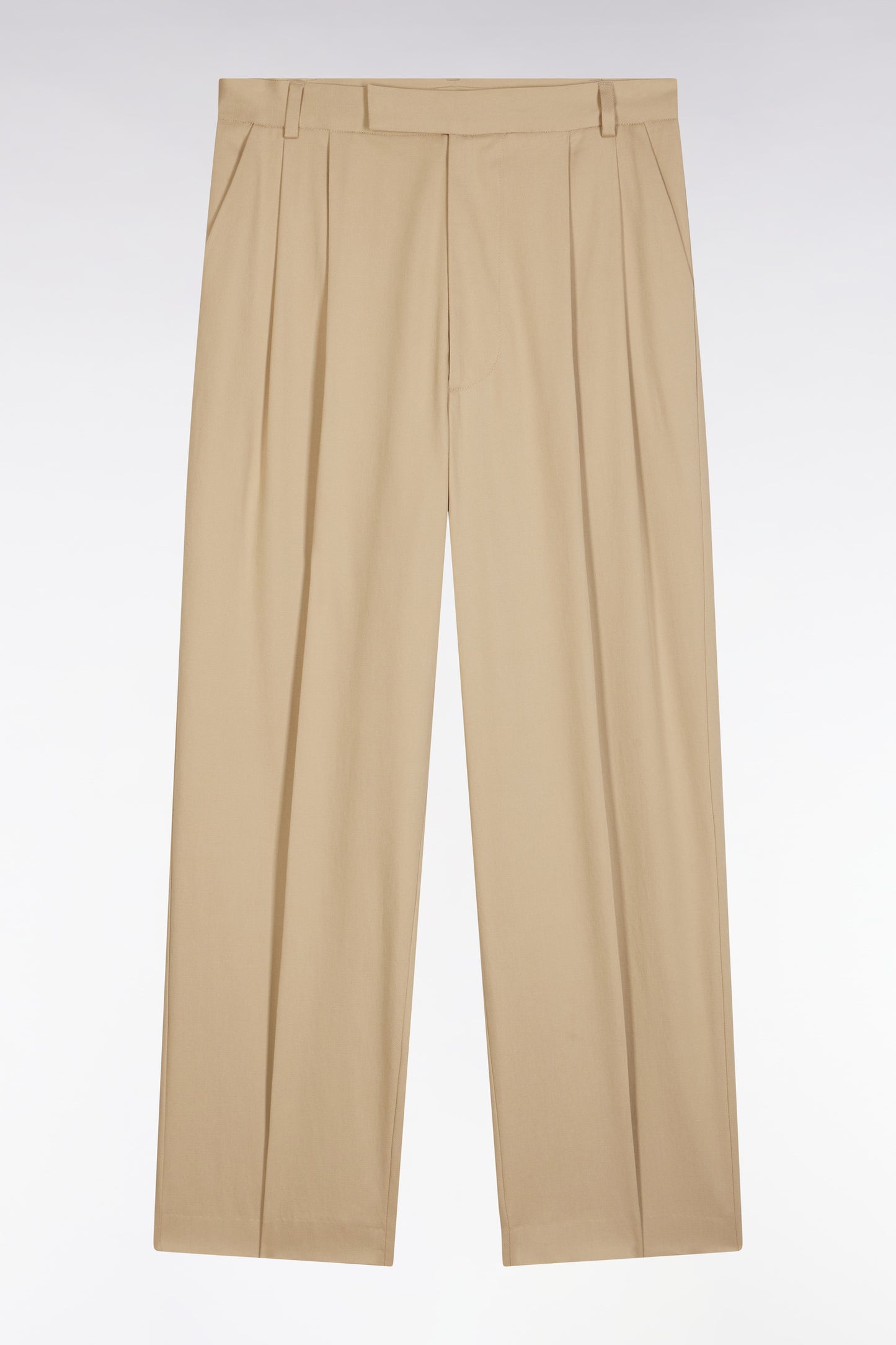 Wide-leg beige pleated trousers in stretch lyocell and cotton