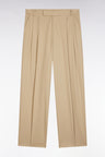 Wide-leg beige pleated trousers in stretch lyocell and cotton