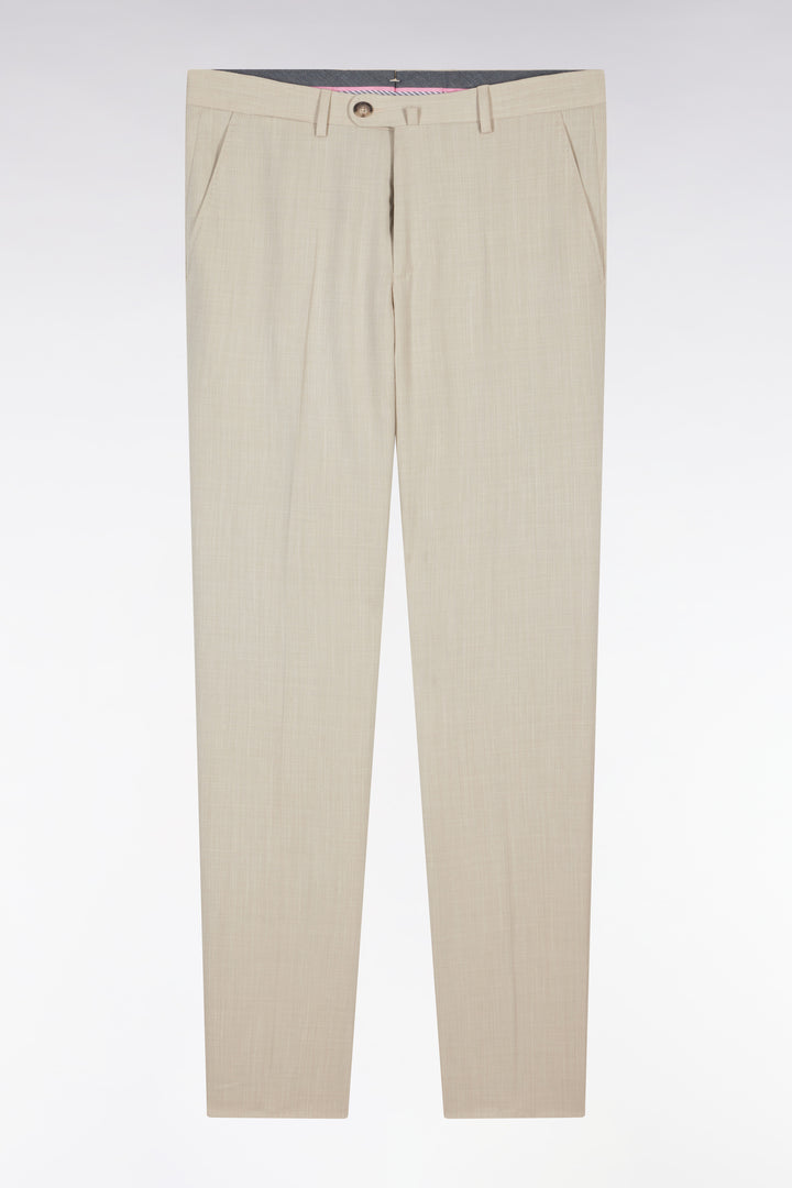 Pantalon à taille élastiquée en laine et coton stretch mélangés beige
