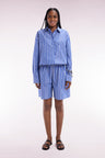 Blue oversized cotton shorts with white stripes