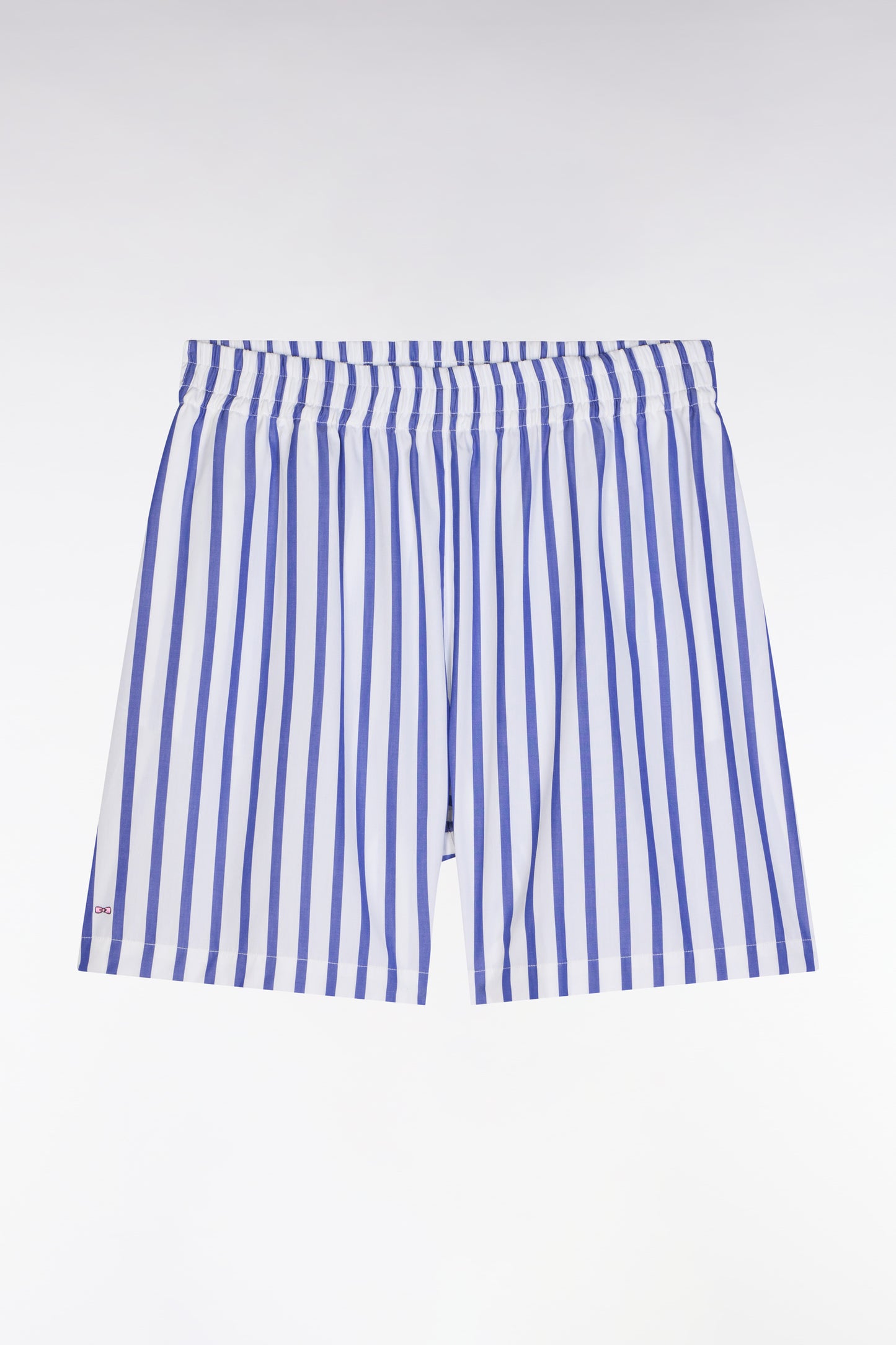 White oversized cotton shorts with blue stripes