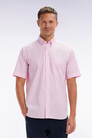 Straight short-sleeved shirt in pink gingham cotton
