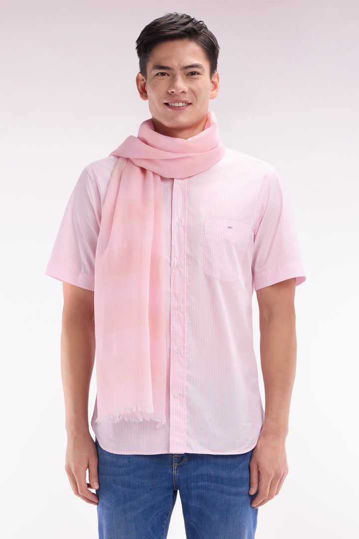 Chemise à manches courtes en coton tissage jacquard rayé rose coupe droite