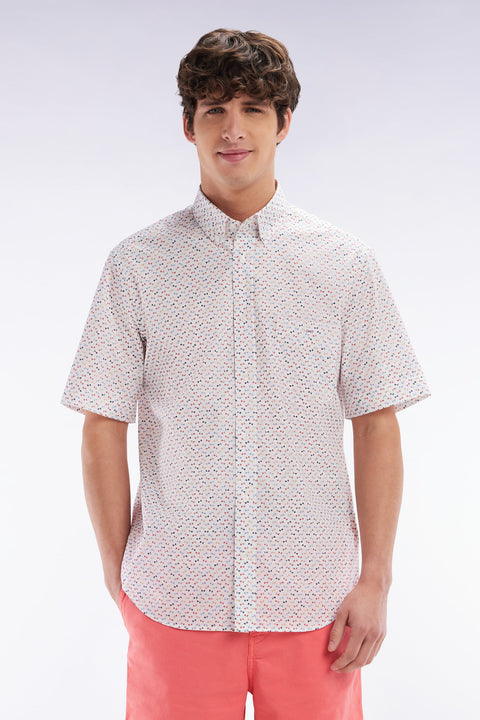 Straight short-sleeved ecru shirt in cotton poplin with multicolored bow tie print - Image 1