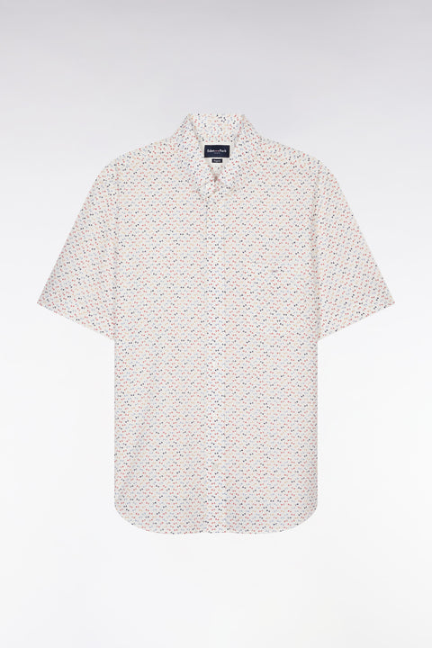 Straight short-sleeved ecru shirt in cotton poplin with multicolored bow tie print - Image 2