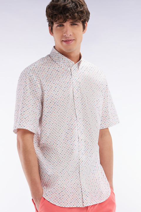Straight short-sleeved ecru shirt in cotton poplin with multicolored bow tie print - Image 3