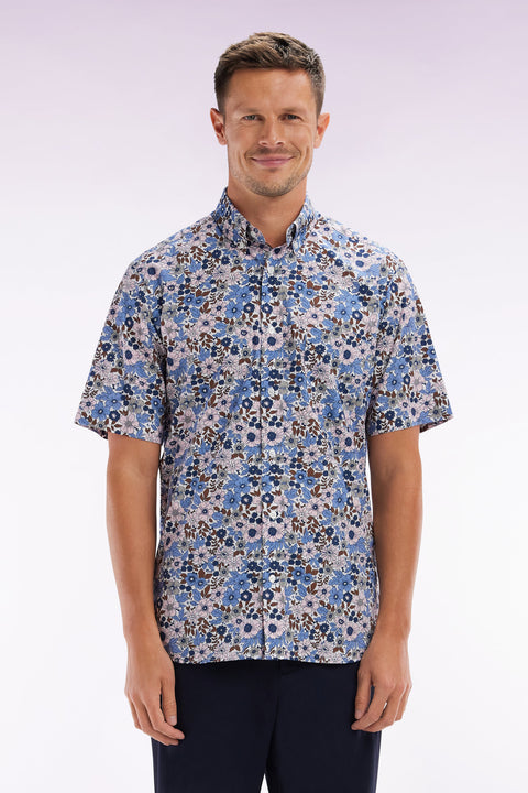 Straight short-sleeved shirt in blue cotton poplin floral print - Image 1