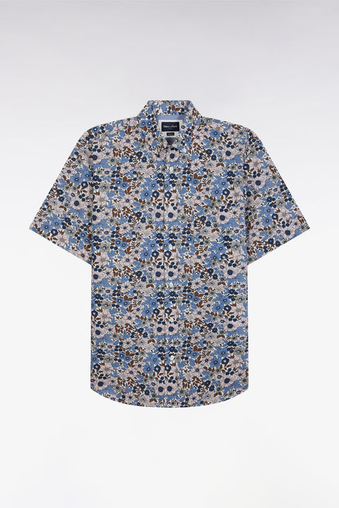 Straight short-sleeved shirt in blue cotton poplin floral print - Image 2