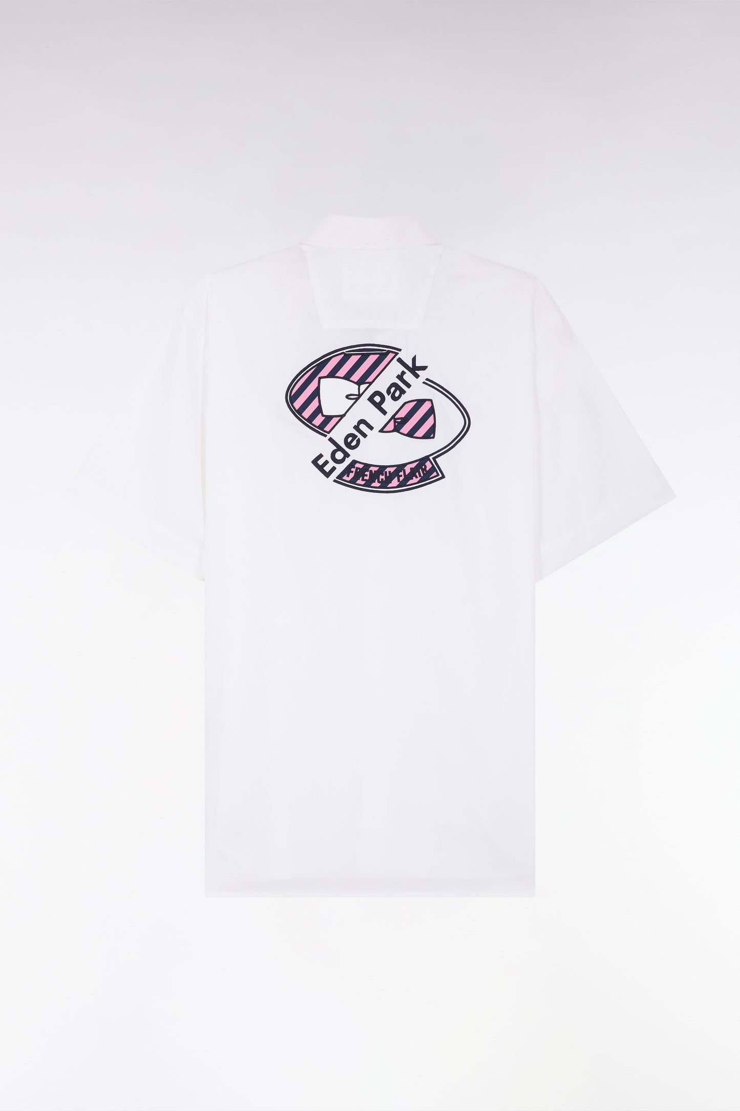 Straight short-sleeved white shirt in cotton poplin with pink rimmed back embroidery