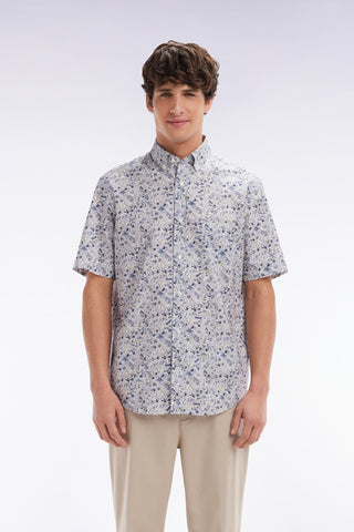 Straight short-sleeved grey shirt in Pima cotton poplin floral micropattern
