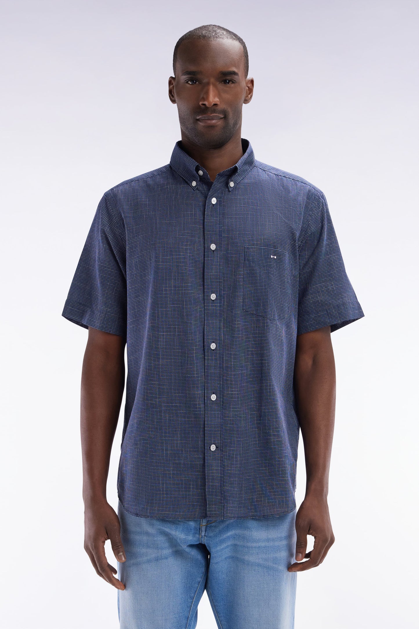 Straight short-sleeved indigo cotton shirt in microplaid print