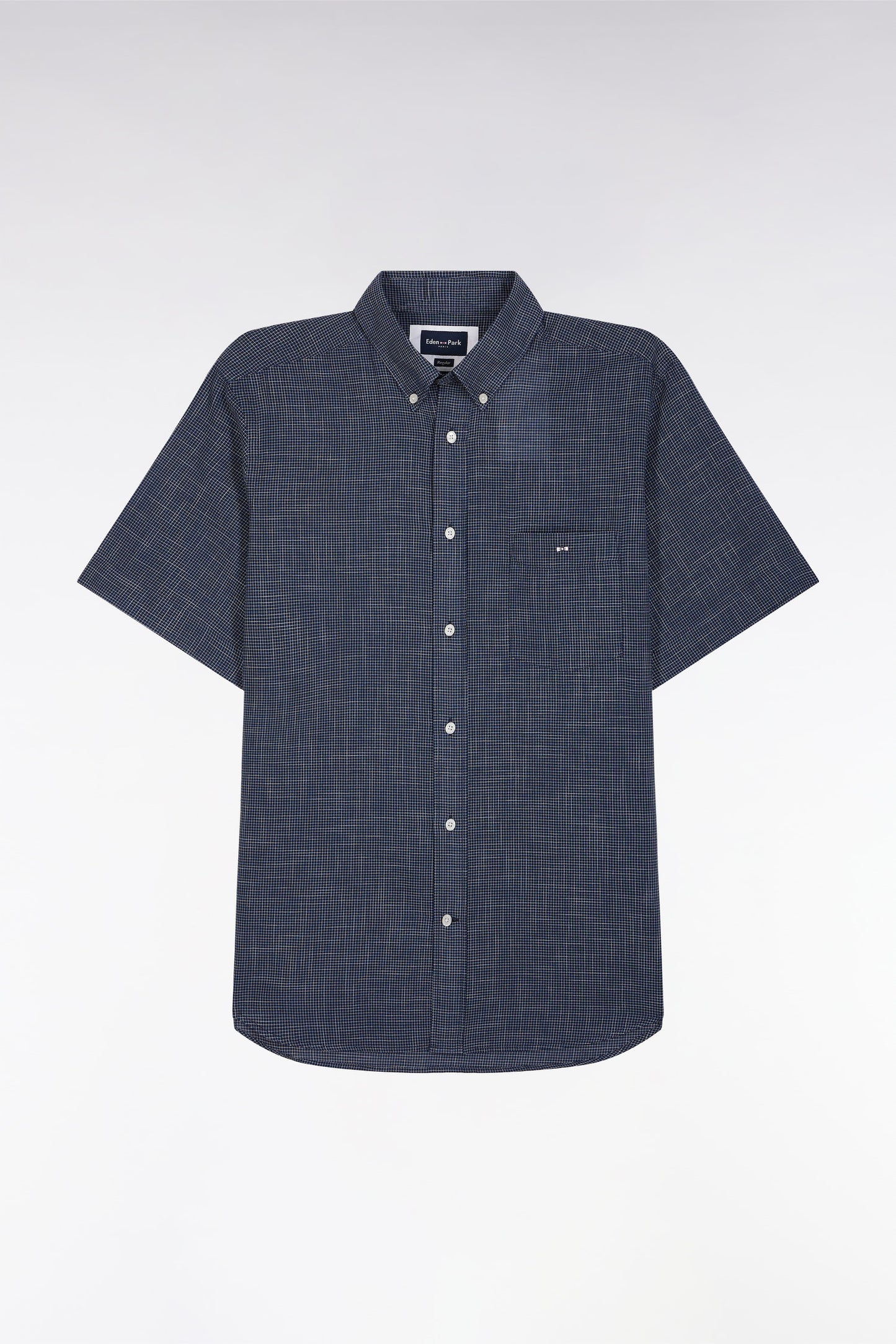 Straight short-sleeved indigo cotton shirt in microplaid print