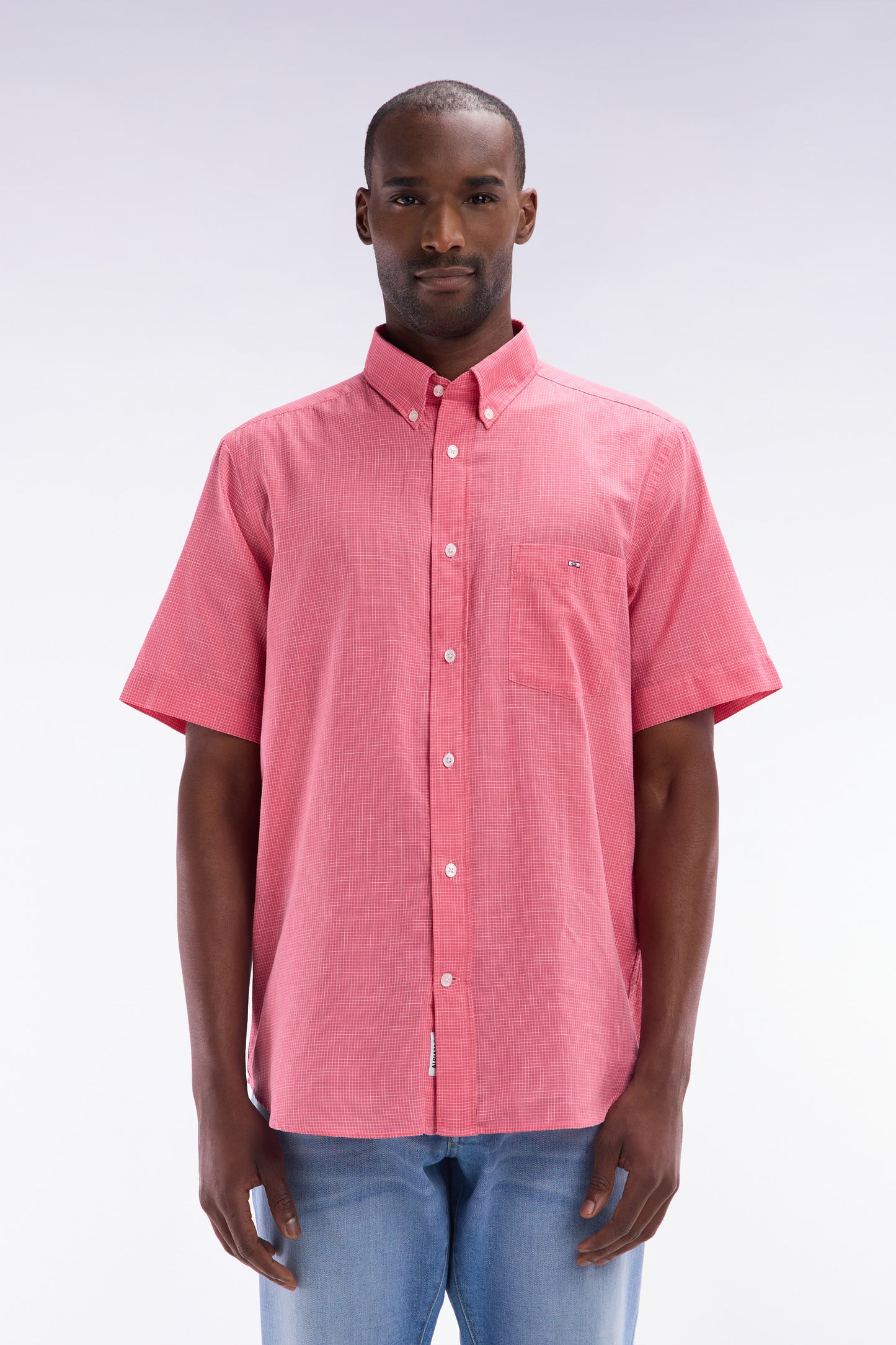 Straight short-sleeved pink cotton shirt in microplaid print