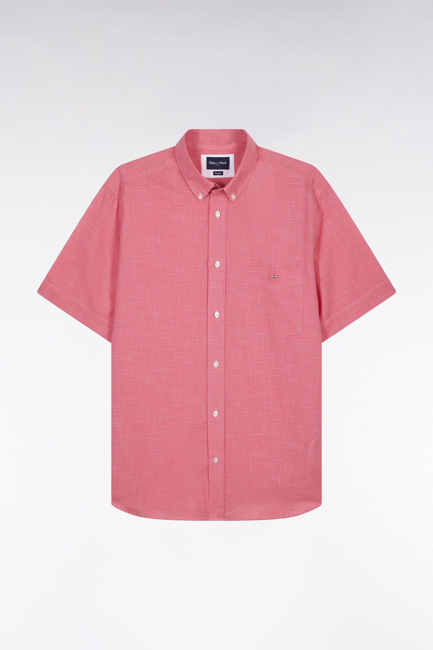Straight short-sleeved pink cotton shirt in microplaid print