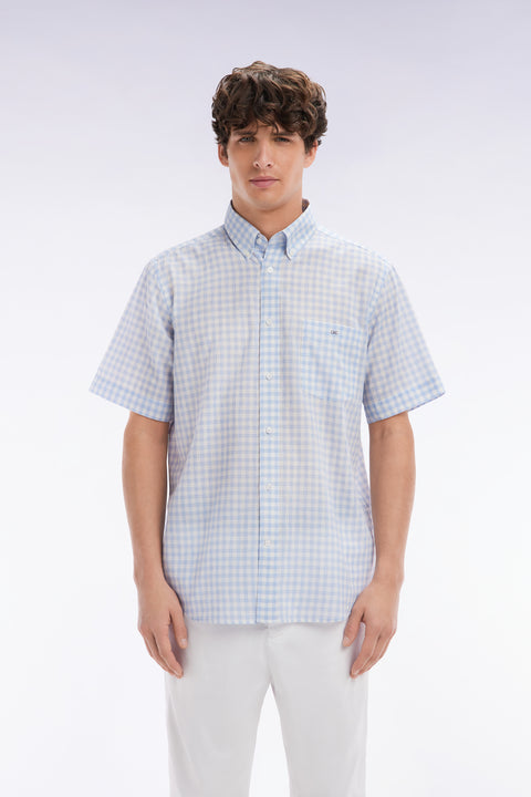 Straight-fit short sleeved sky blue gingham checked cotton shirt - Image 1