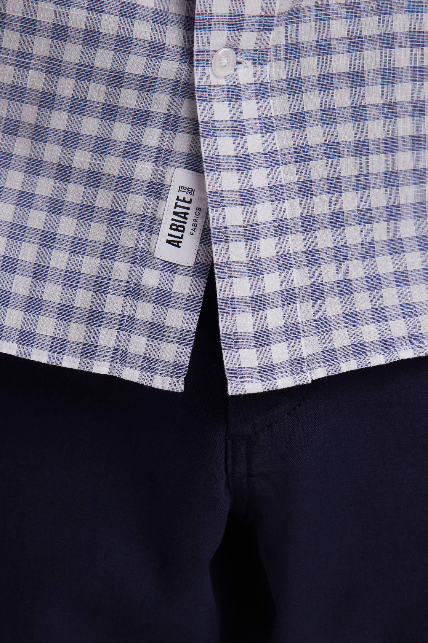 Straight-fit short sleeved navy gingham checked cotton shirt