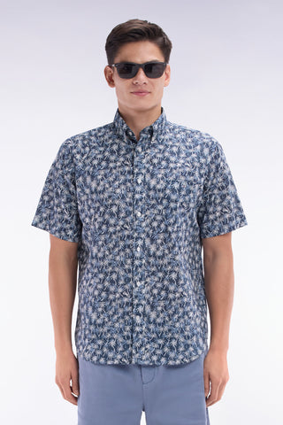 Straight-fit short-sleeved navy cotton shirt with palm tree microprint