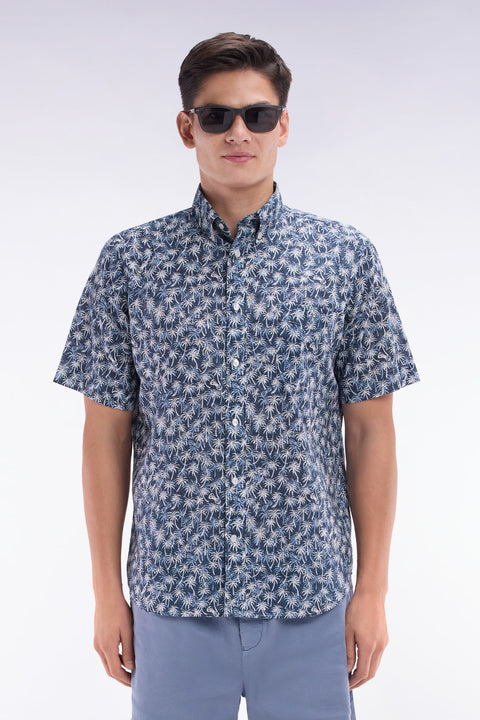 Straight-fit short-sleeved navy cotton shirt with palm tree microprint - Image 1