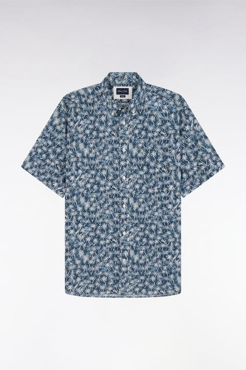 Straight-fit short-sleeved navy cotton shirt with palm tree microprint - Image 2