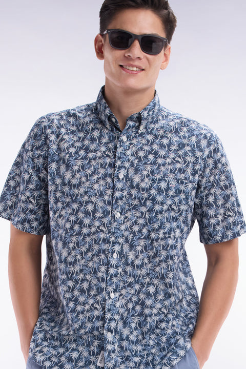 Straight-fit short-sleeved navy cotton shirt with palm tree microprint - Image 3