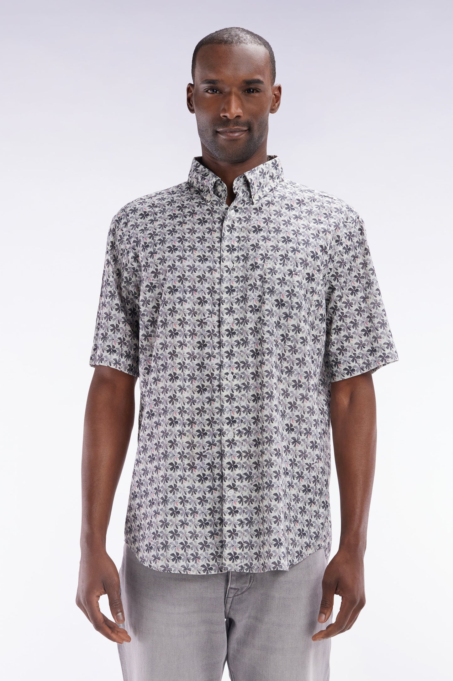 Straight-fit sort-sleeved shirt in grey cotton with graphic floral print