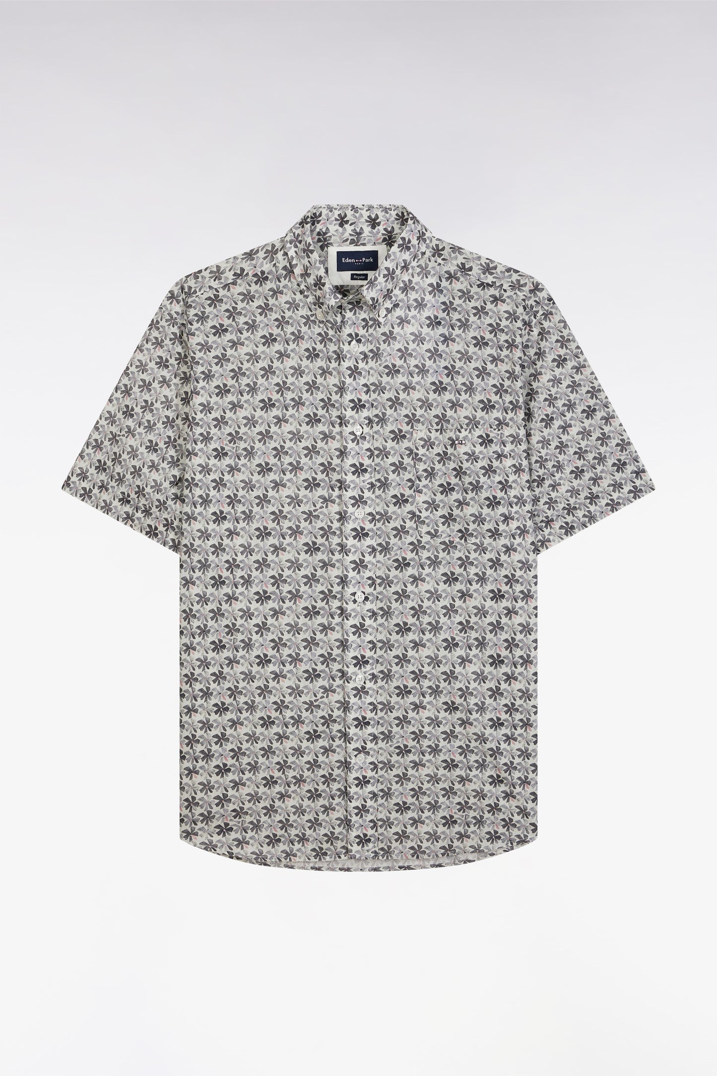 Straight-fit sort-sleeved shirt in grey cotton with graphic floral print