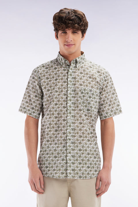 Straight-fit sort-sleeved shirt in khaki cotton with graphic floral print - Image 1