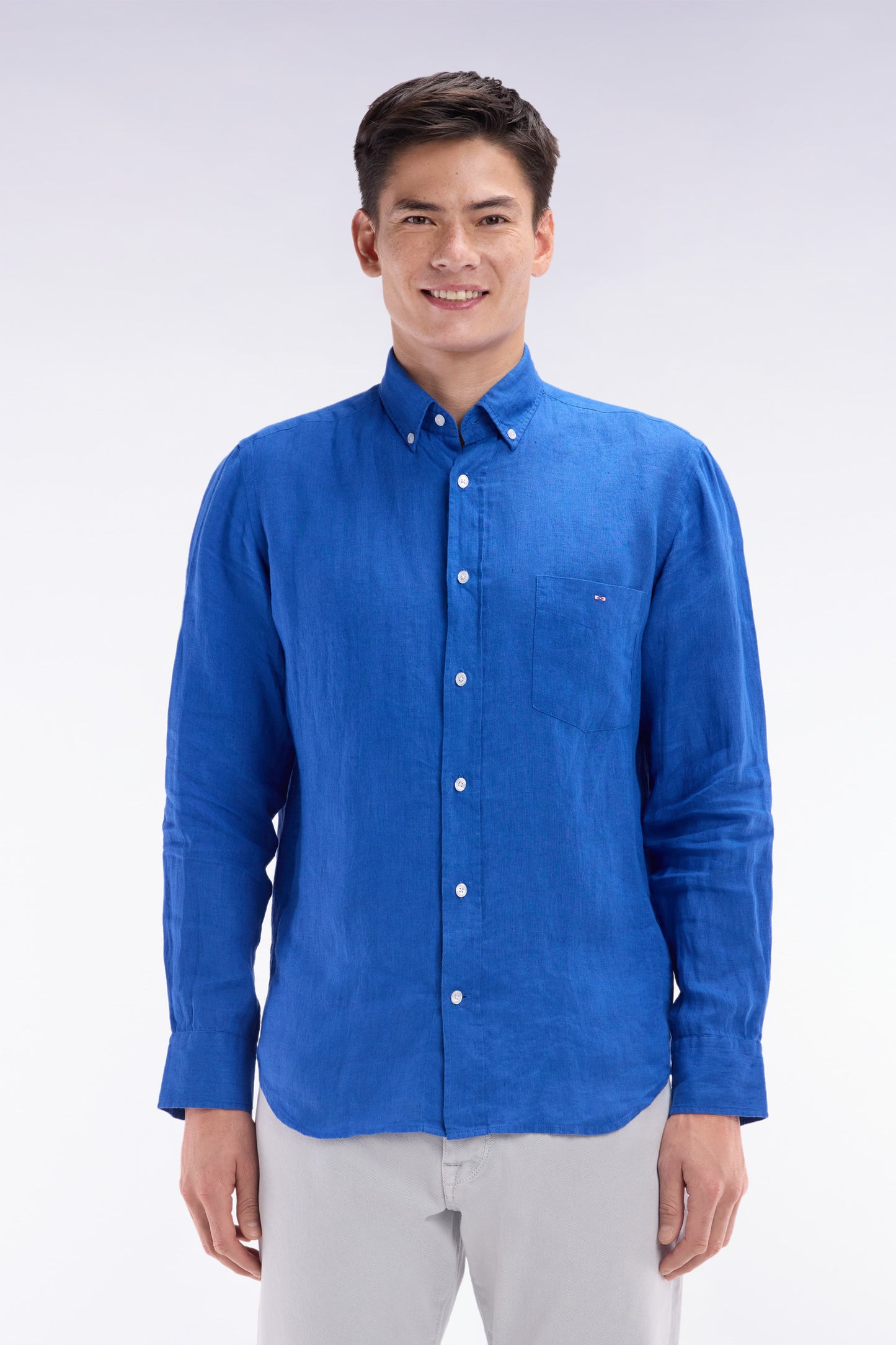 Straight-fit blue linen shirt