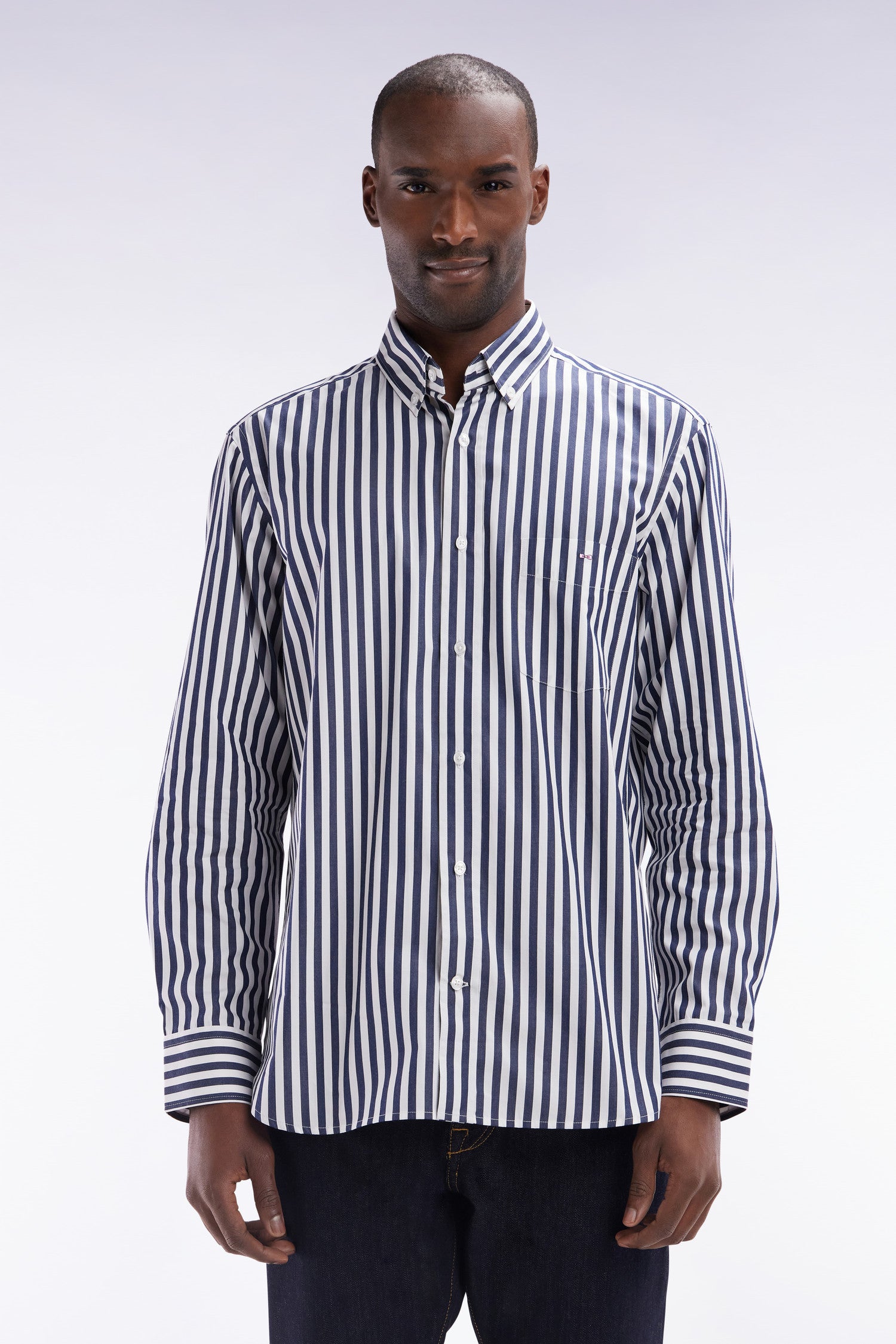 Chemise à rayures bâtons en coton marine coupe droite