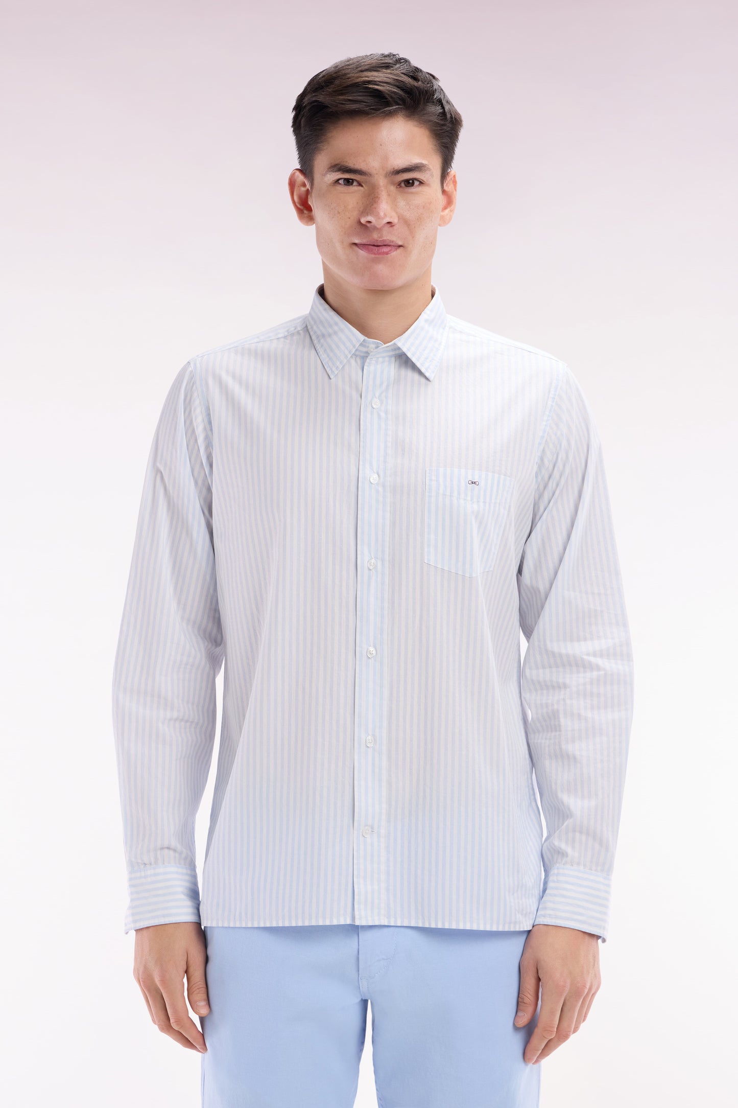 Straight-fit sky blue striped cotton shirt