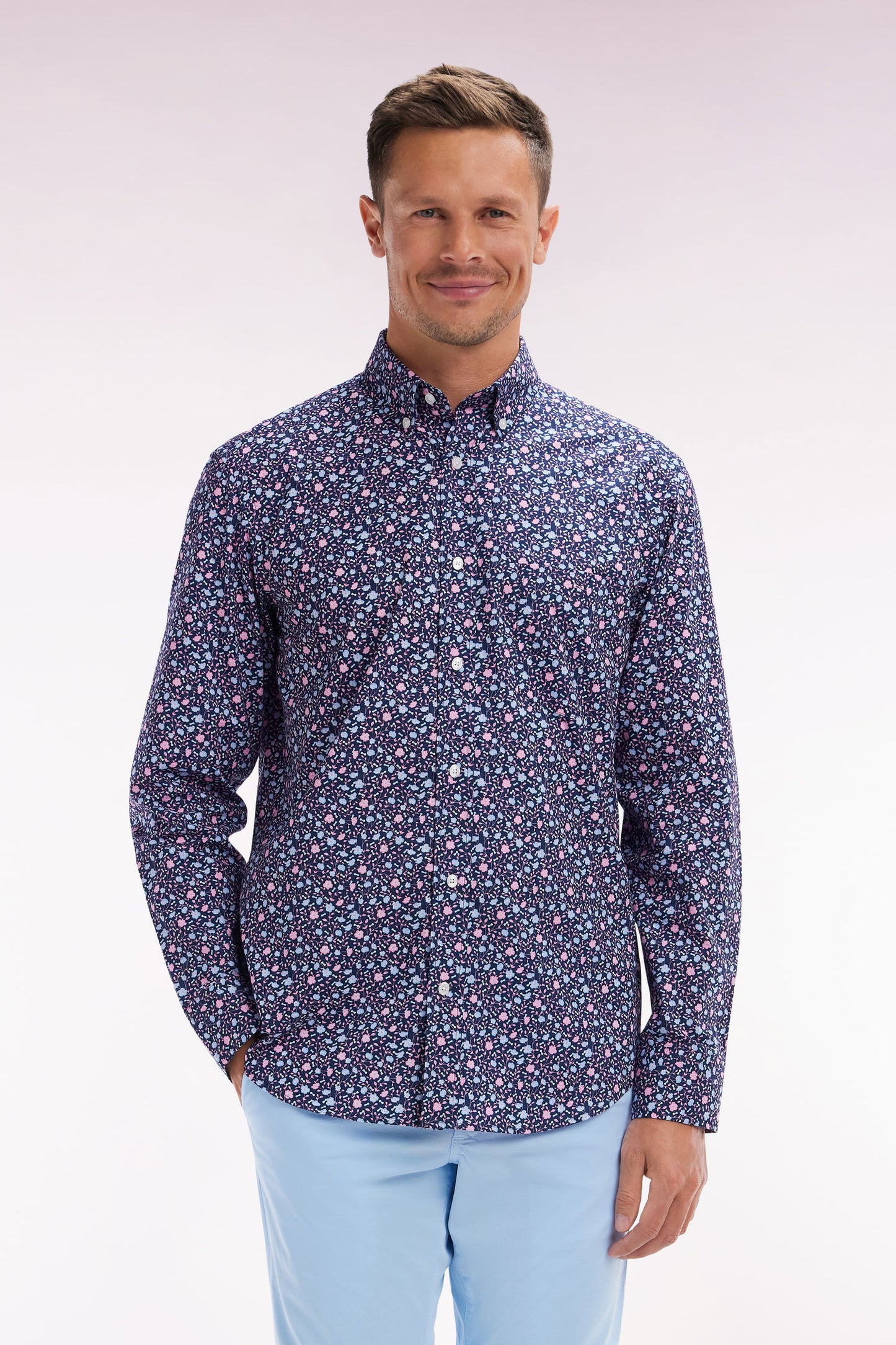 Chemise à micromotifs en coton marine coupe droite