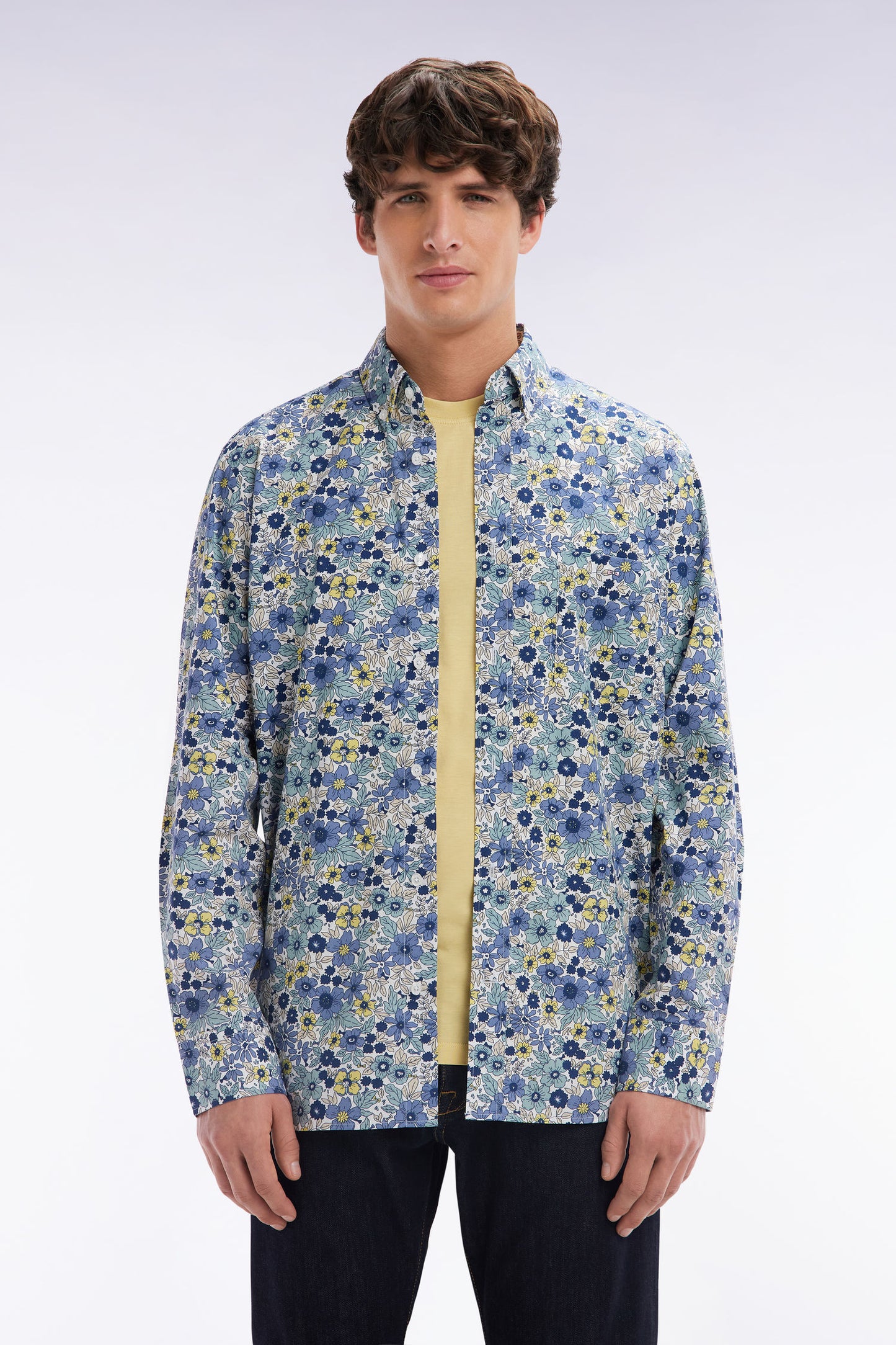Straight-fit grey cotton poplin shirt with floral print