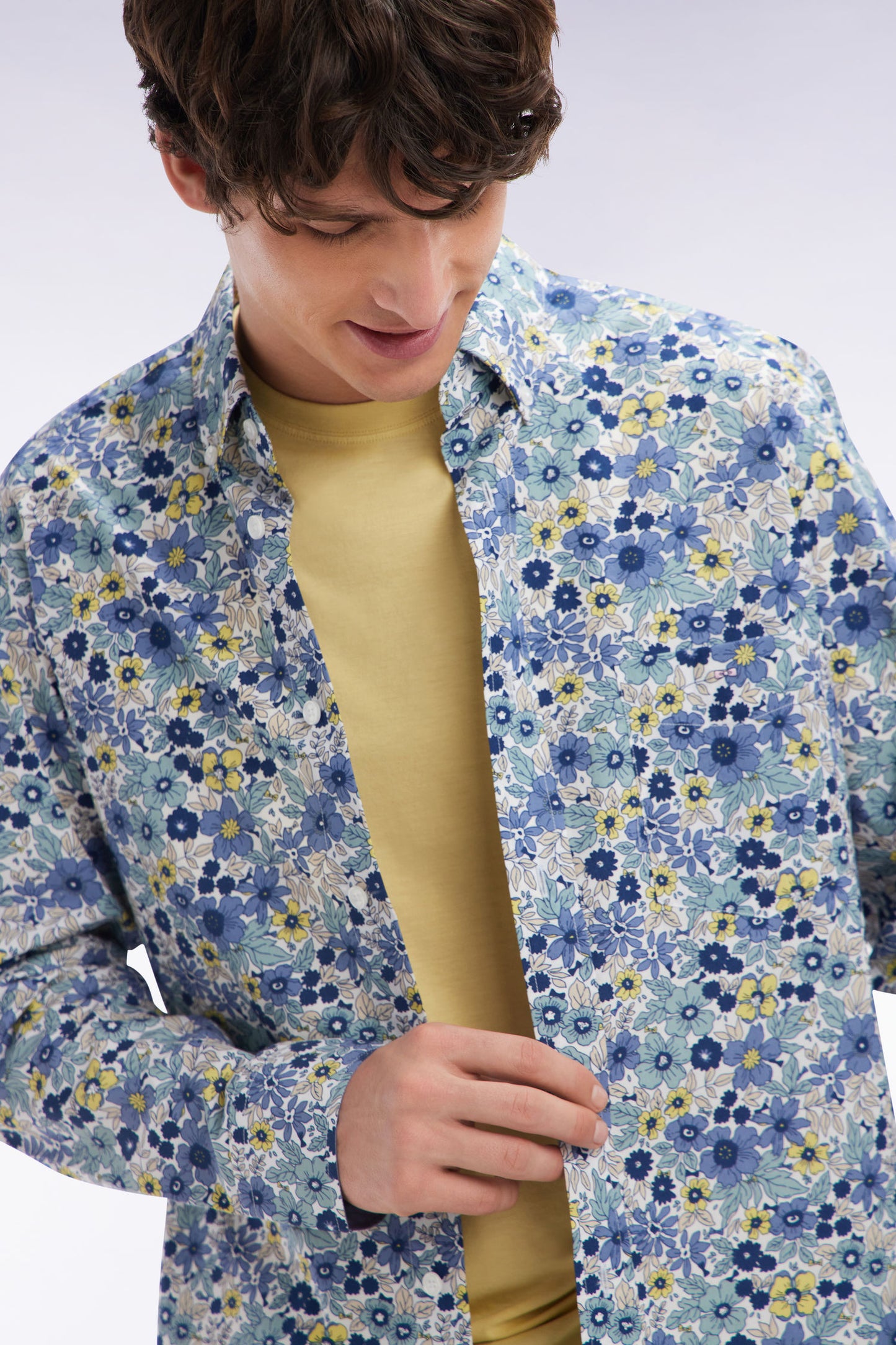 Straight-fit grey cotton poplin shirt with floral print