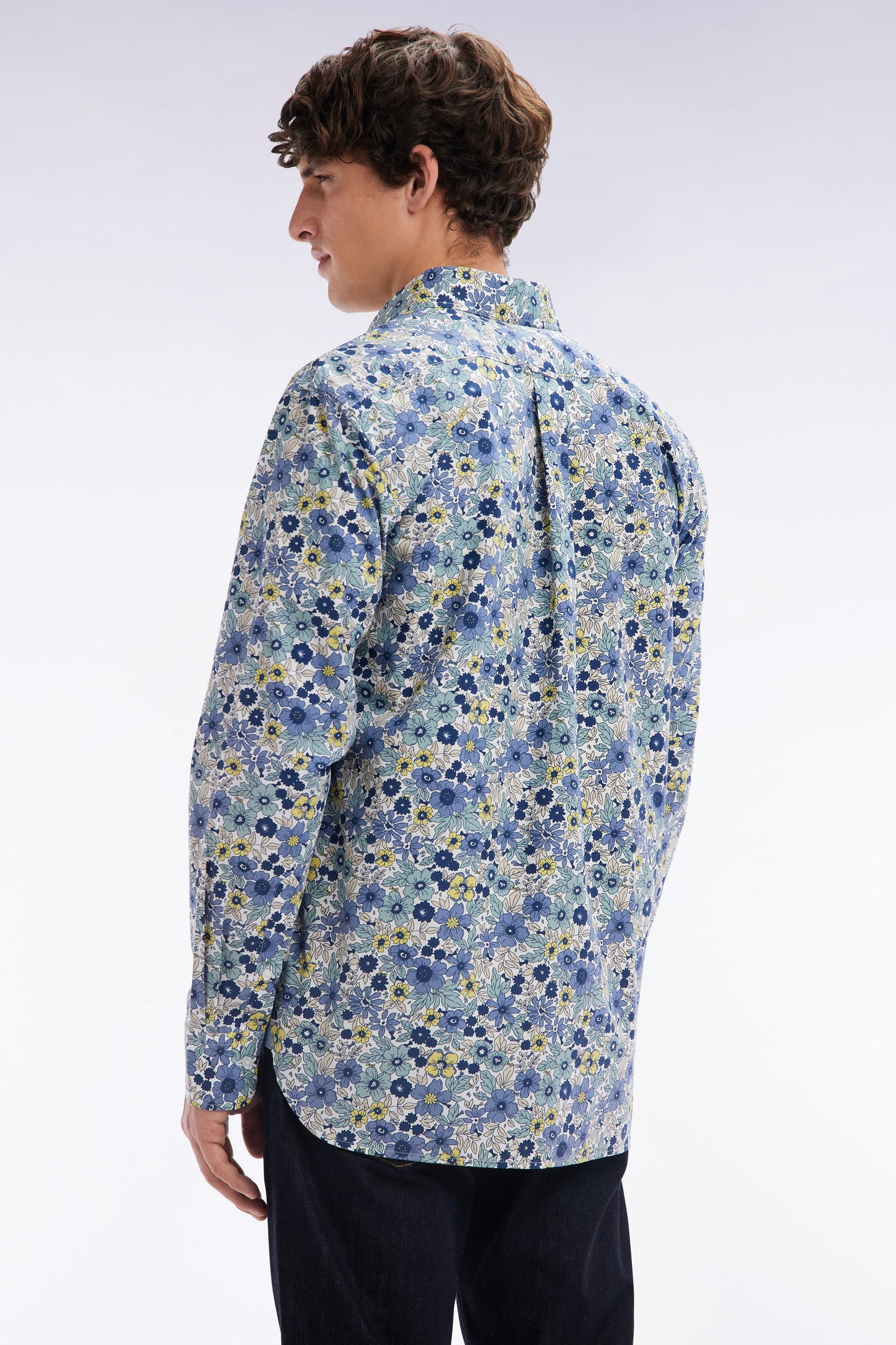 Straight-fit grey cotton poplin shirt with floral print
