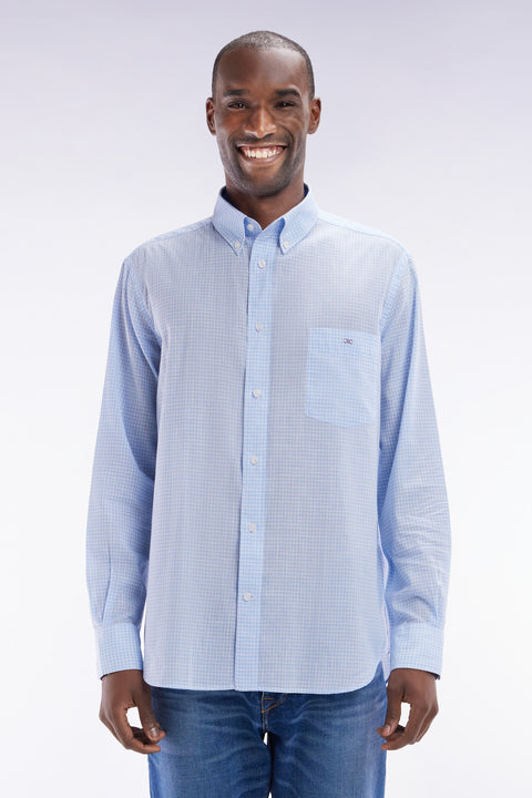 Straight-fit sky blue gingham micro-checked cotton poplin shirt - Image 1