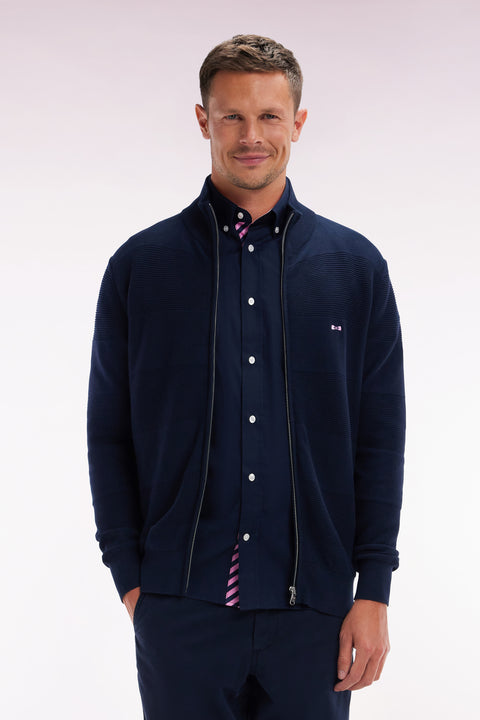 Straight zipped navy cotton knit cardigan - Image 1