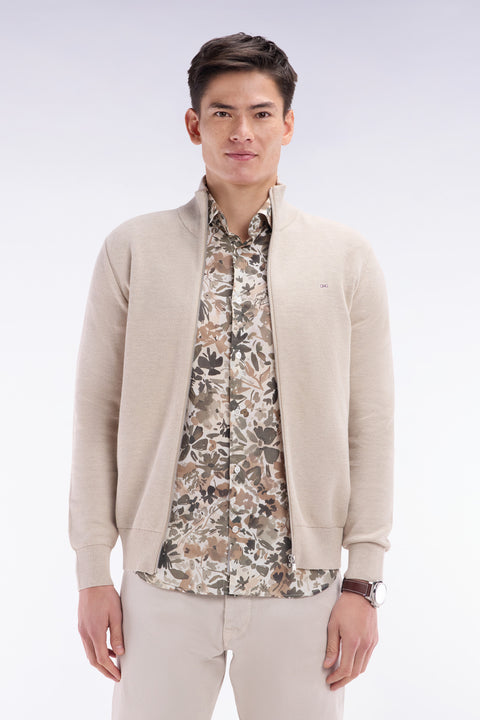 Straight-fit zipped beige honeycomb cotton cardigan - Image 1