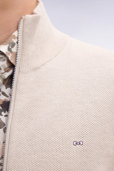 Straight-fit zipped beige honeycomb cotton cardigan - Image 3