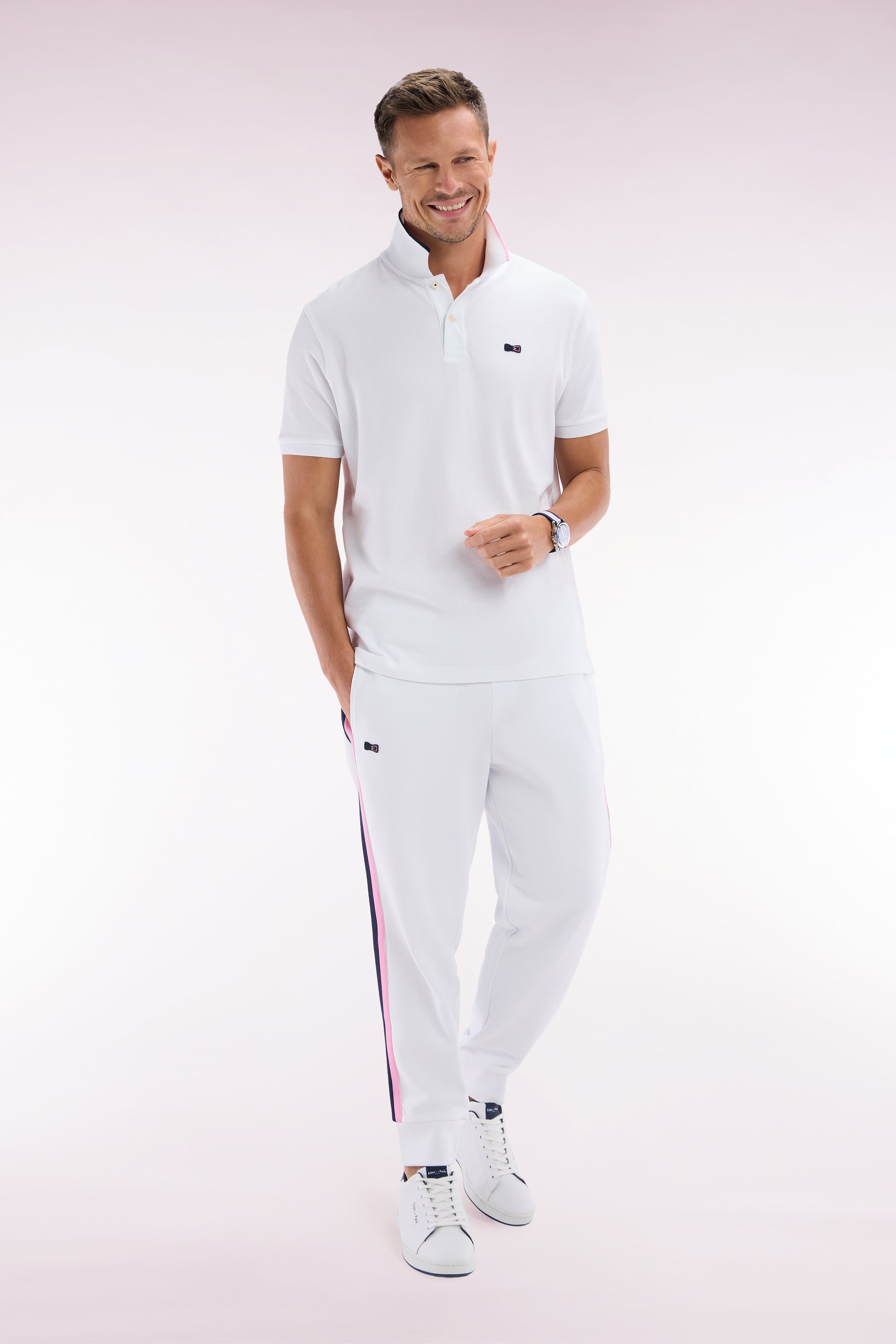 Pantalon jogging en coton blanc à détails tricolores coupe décontractée