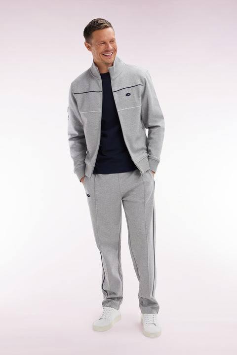 Straight-cut grey stretch cotton fleece jogging pants with navy blue piping - Image 3