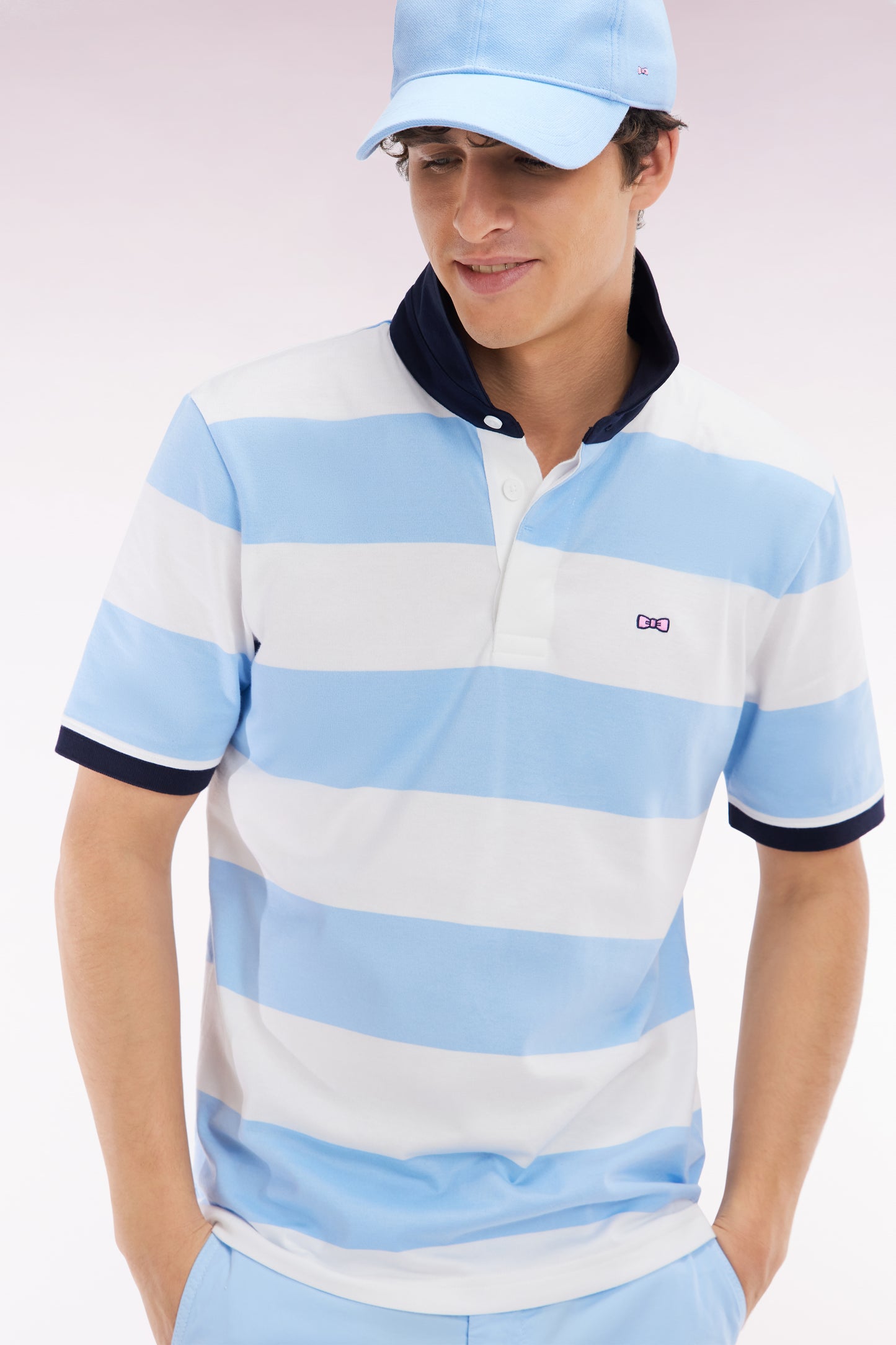 Straight short-sleeved rugby shirt in sky blue and white striped Pima cotton