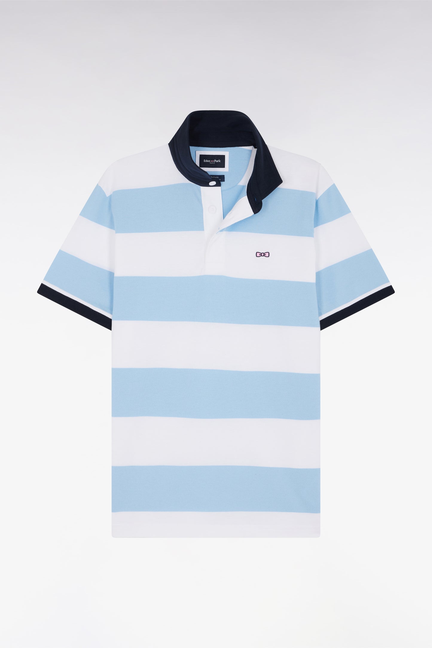 Straight short-sleeved rugby shirt in sky blue and white striped Pima cotton