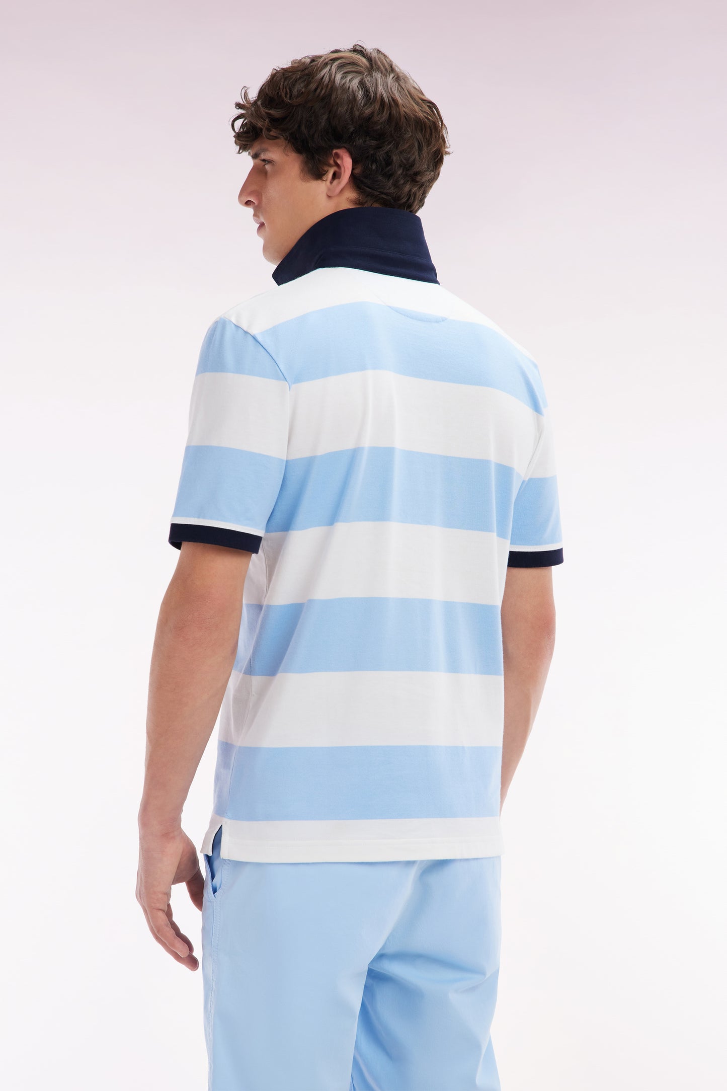 Straight short-sleeved rugby shirt in sky blue and white striped Pima cotton