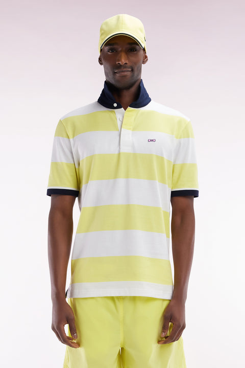 Straight short-sleeved rugby shirt in yellow and white striped Pima cotton - Image 1